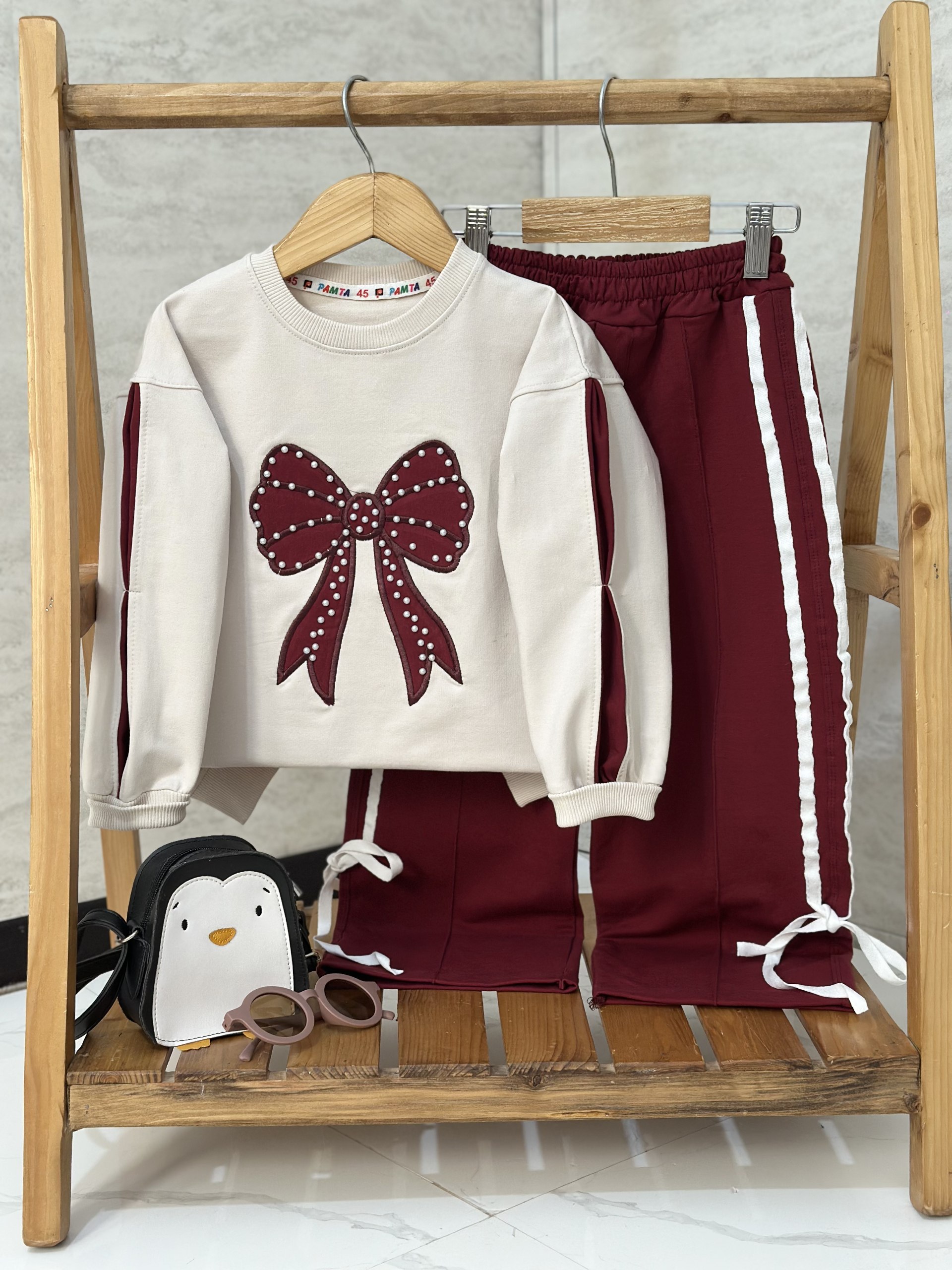 بلوز شلوار پاپیون دخترانه دورس زرشکی