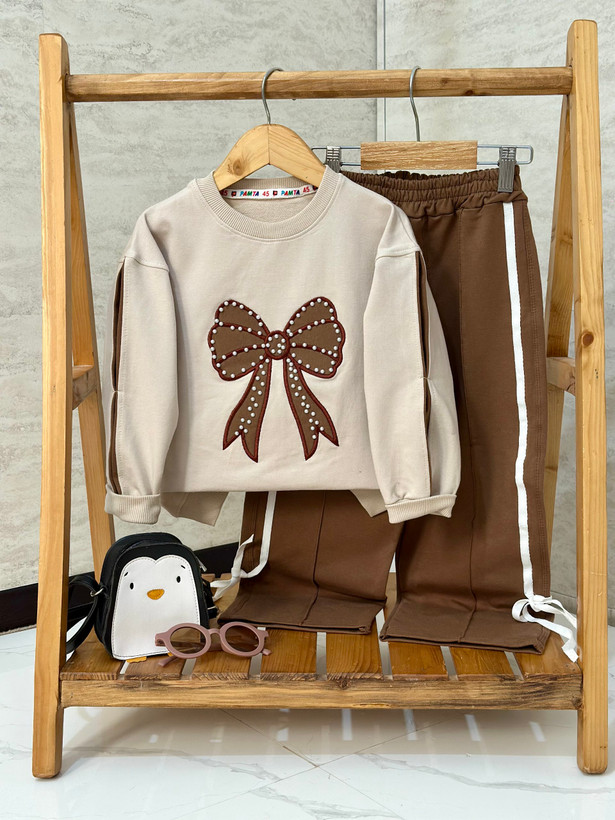 بلوز شلوار پاپیون دخترانه دورس قهوه ای